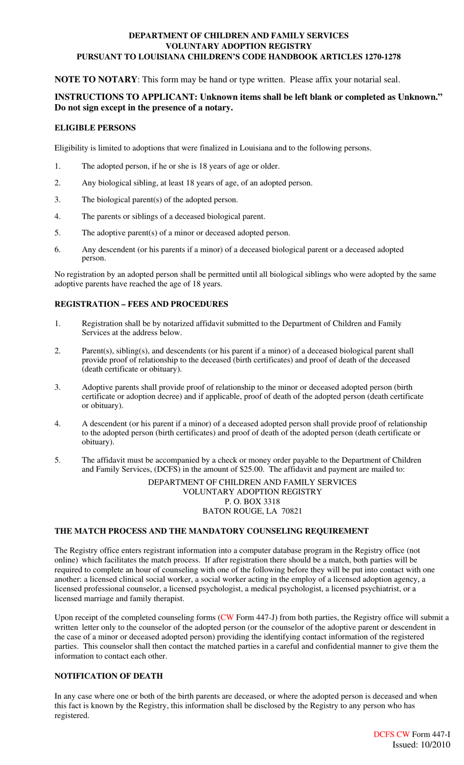 Form 447-I Affidavit of Adoptive Parent(S) of a Minor or Deceased Adopted Person - Louisiana, Page 2