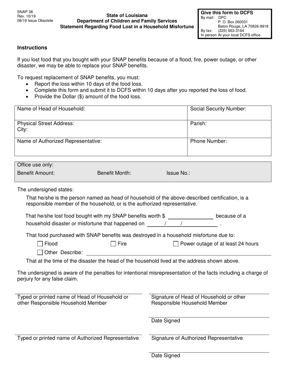 Form SNAP38 Statement Regarding Food Lost in a Household Misfortune - Louisiana, Page 1