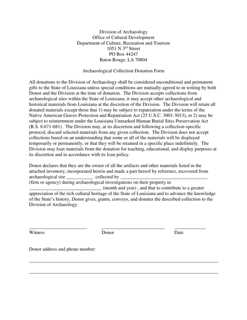 Archaeological Collection Donation Form - Louisiana Download Pdf