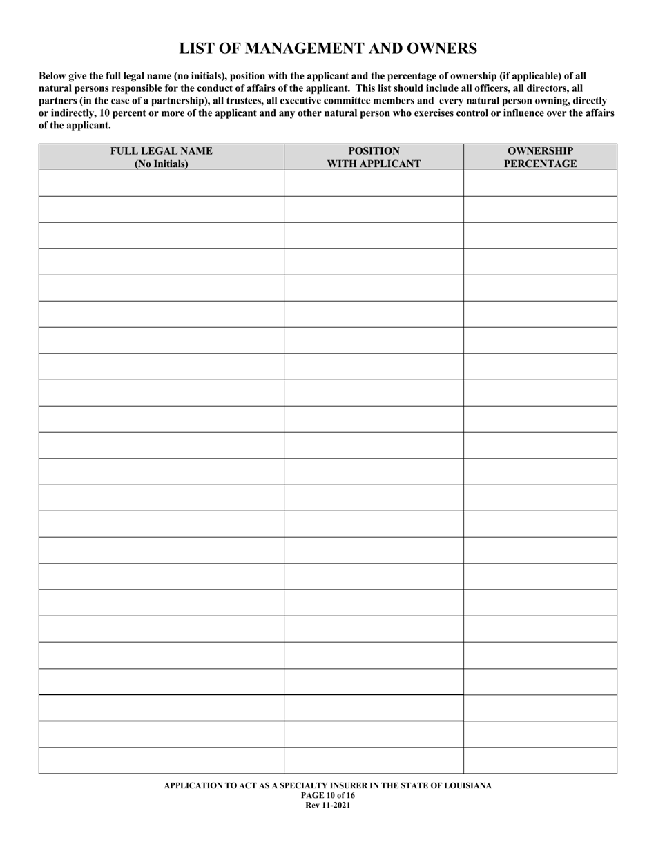Application to Act as a Specialty Insurer in the State of Louisiana - Louisiana, Page 10