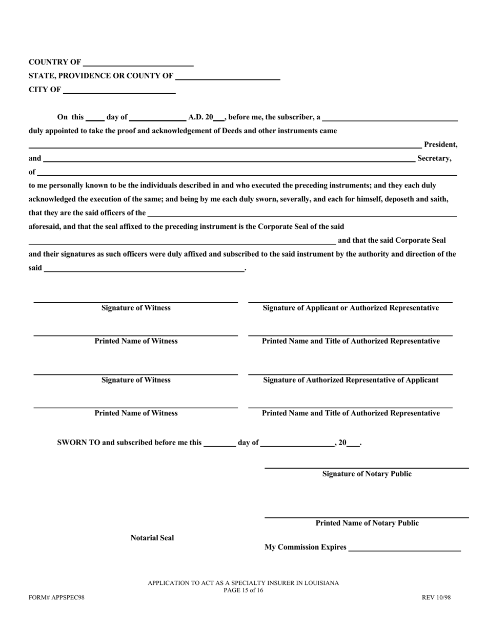 Application to Act as a Specialty Insurer in the State of Louisiana - Louisiana, Page 15