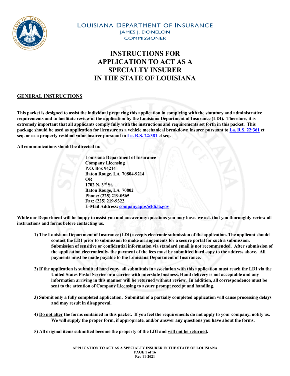 Application to Act as a Specialty Insurer in the State of Louisiana - Louisiana, Page 1
