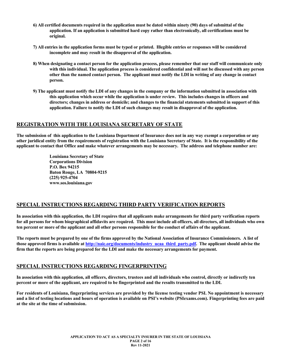 Application to Act as a Specialty Insurer in the State of Louisiana - Louisiana, Page 2