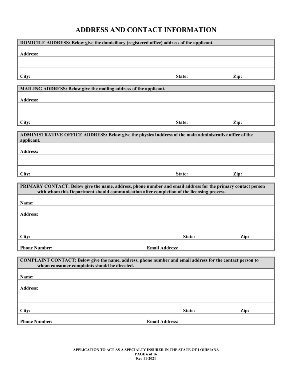 Application to Act as a Specialty Insurer in the State of Louisiana - Louisiana, Page 6