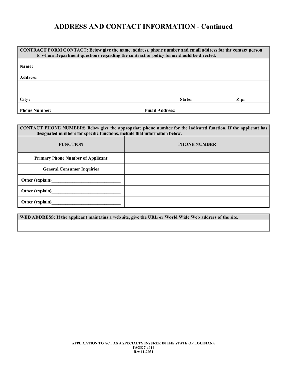 Application to Act as a Specialty Insurer in the State of Louisiana - Louisiana, Page 7