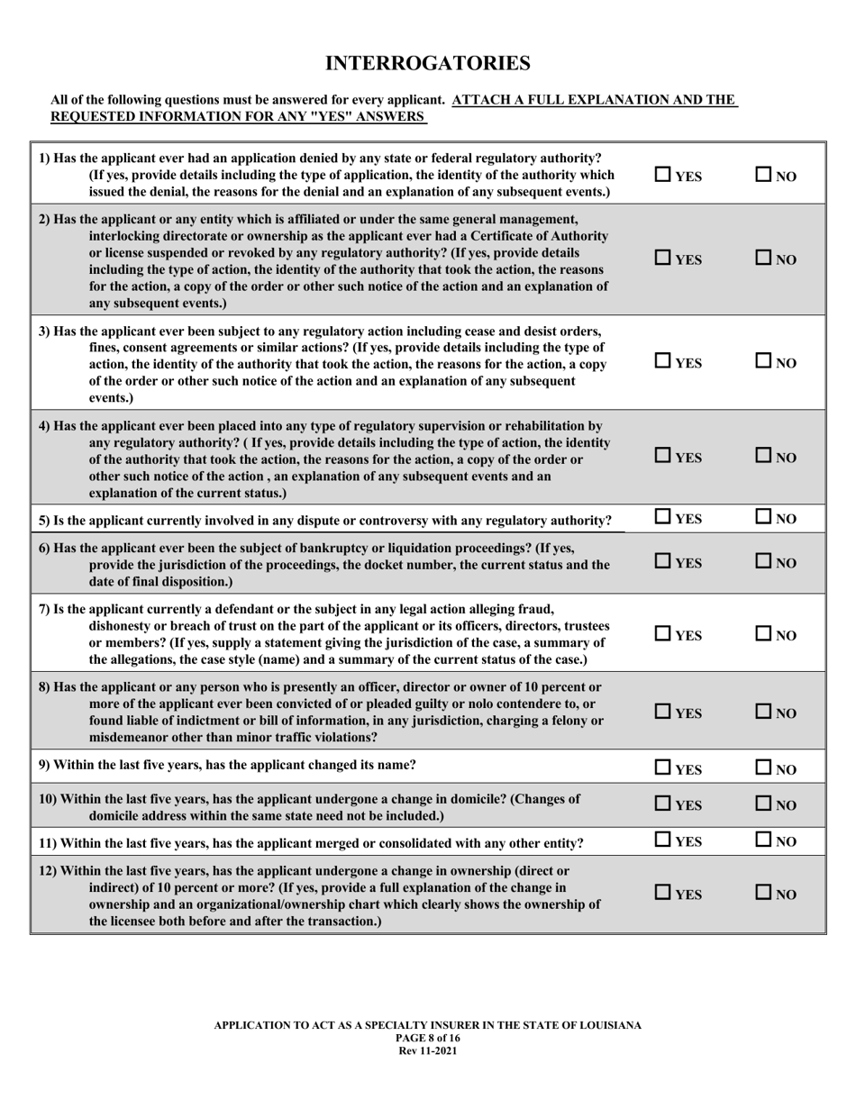 Application to Act as a Specialty Insurer in the State of Louisiana - Louisiana, Page 8