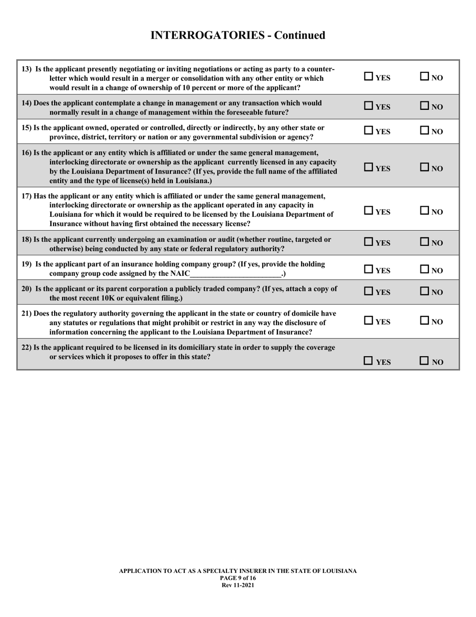 Application to Act as a Specialty Insurer in the State of Louisiana - Louisiana, Page 9