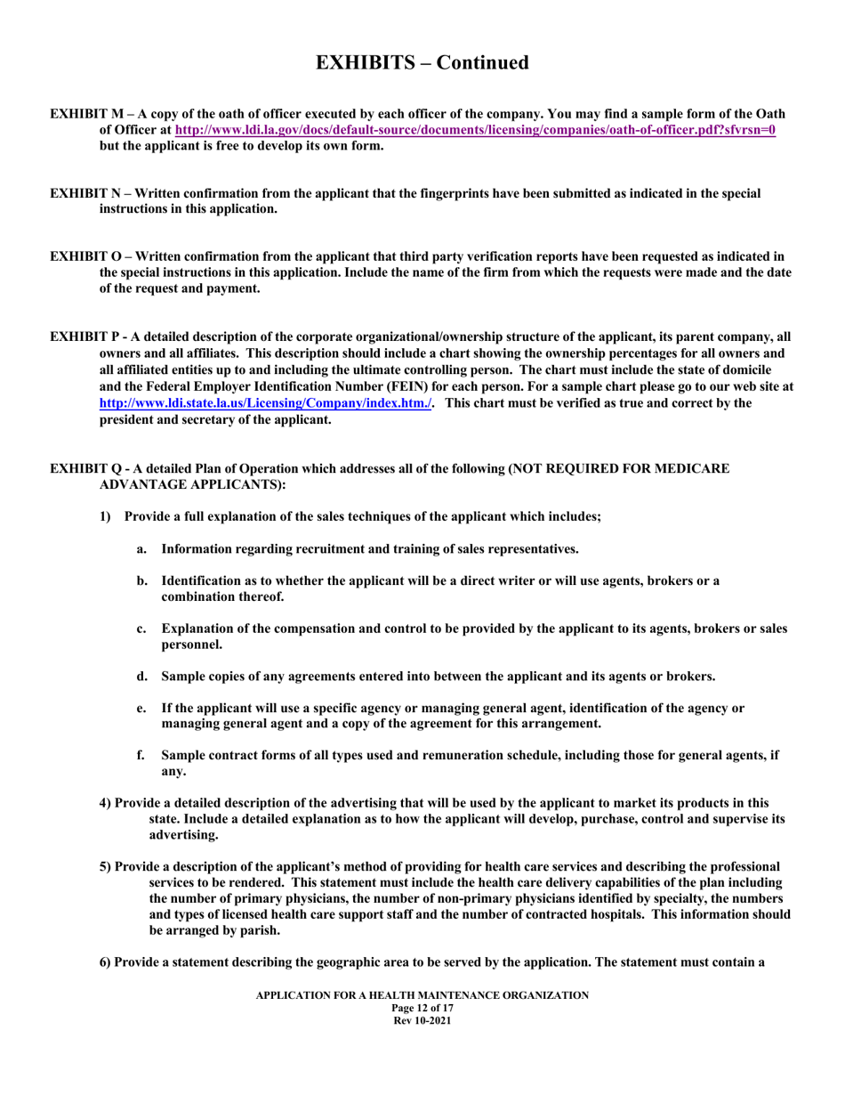 Application for Health Maintenance Organization License in Louisiana - Louisiana, Page 12