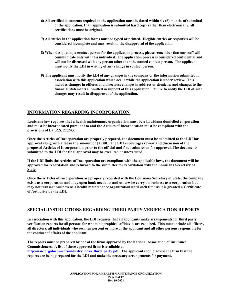 Application for Health Maintenance Organization License in Louisiana - Louisiana, Page 2