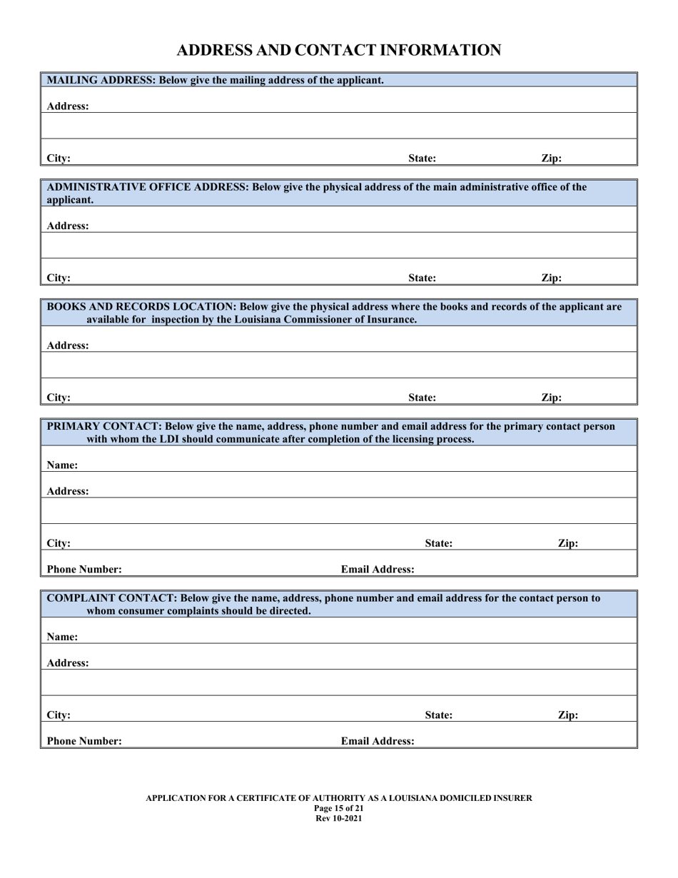 Application for a Certificate of Authority as a Louisiana Domiciled Insurer - Louisiana, Page 15