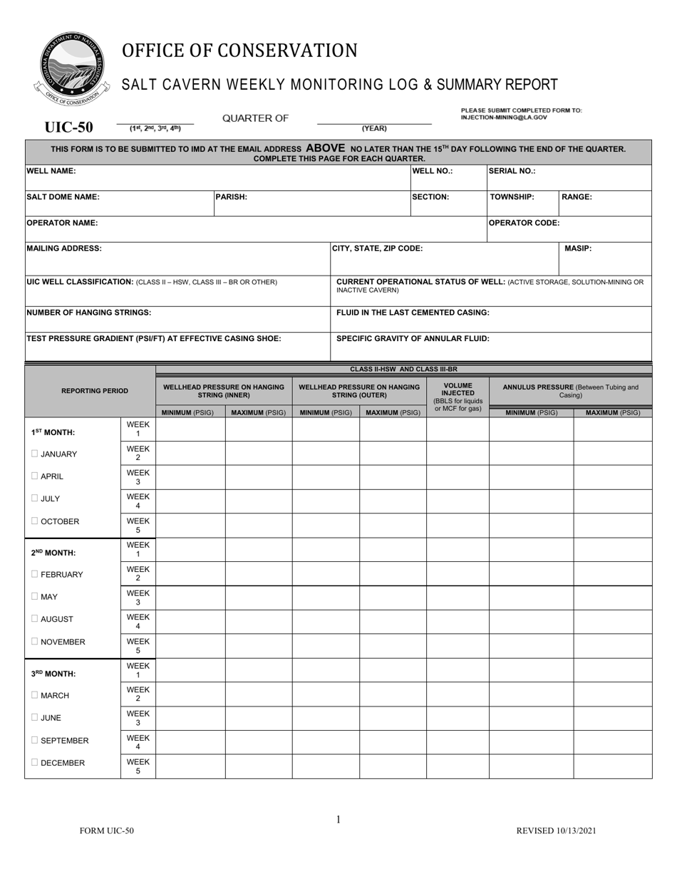Form UIC-50 Salt Cavern Weekly Monitoring Log  Summary Report - Louisiana, Page 1