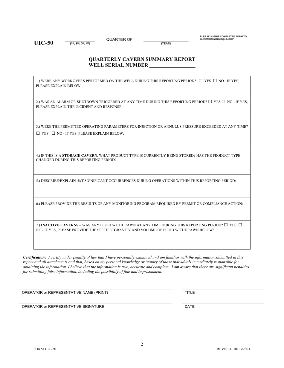 Form UIC-50 Salt Cavern Weekly Monitoring Log  Summary Report - Louisiana, Page 2