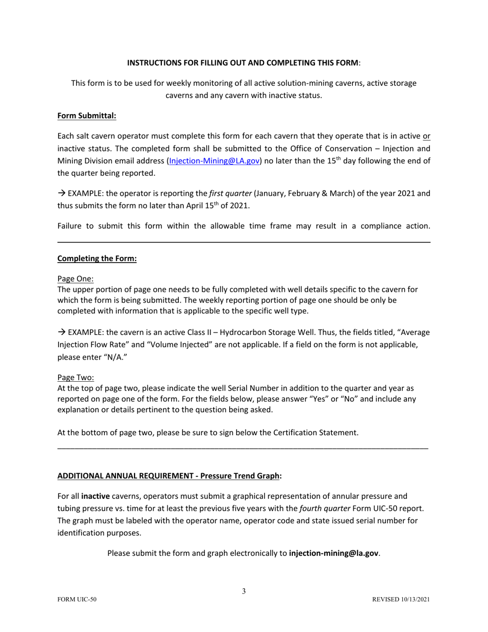 Form UIC-50 Salt Cavern Weekly Monitoring Log  Summary Report - Louisiana, Page 3