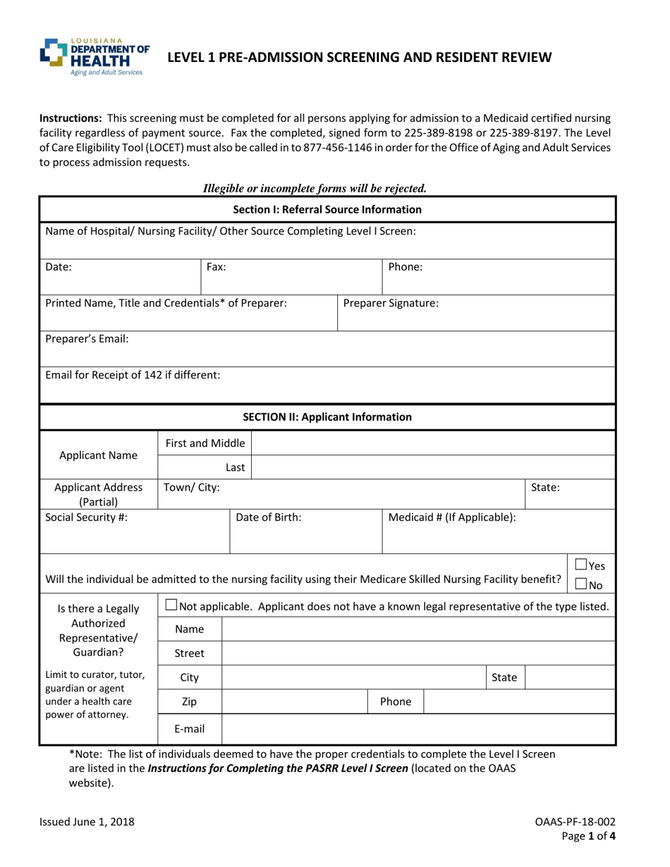 Form OAAS-PF-18-002 Level 1 Pre-admission Screening and Resident Review - Louisiana, Page 1