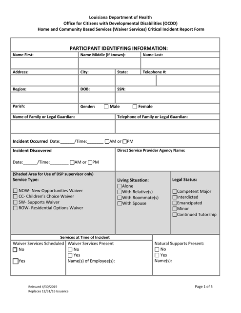Home and Community Based Services (Waiver Services) Critical Incident Report Form - Louisiana Download Pdf