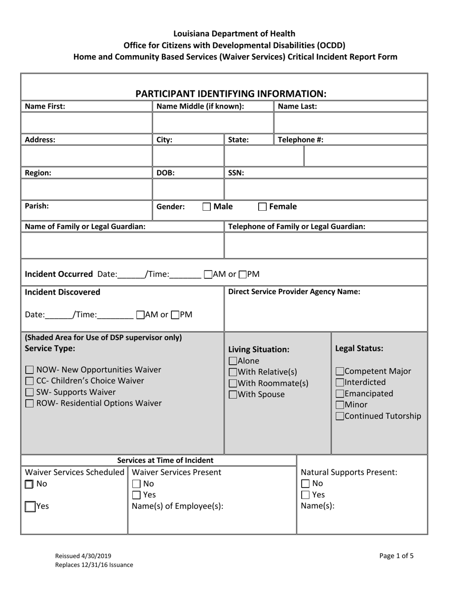 Home and Community Based Services (Waiver Services) Critical Incident Report Form - Louisiana, Page 1