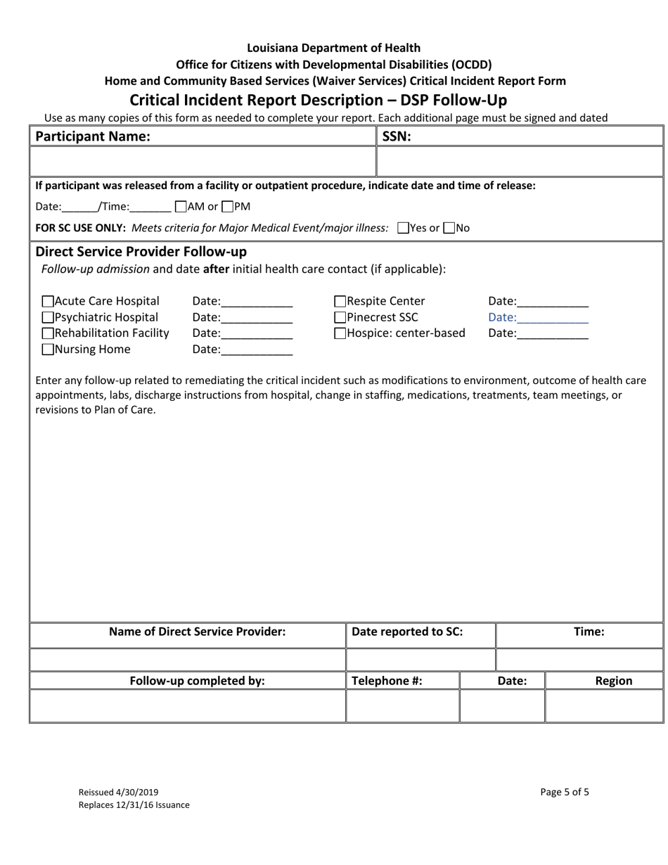Home and Community Based Services (Waiver Services) Critical Incident Report Form - Louisiana, Page 5