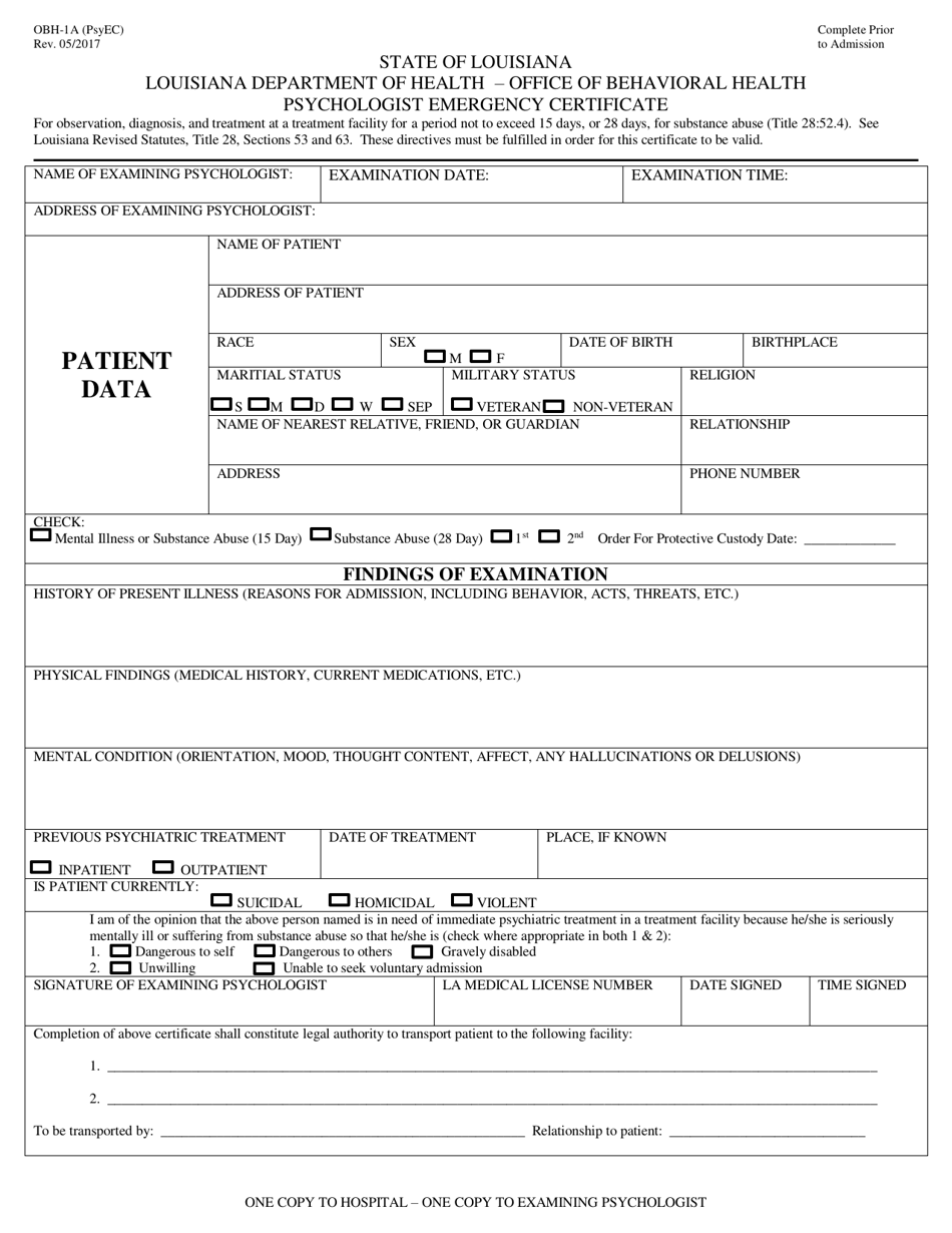 Form OBH-1A Psychologist Emergency Certificate - Louisiana, Page 1