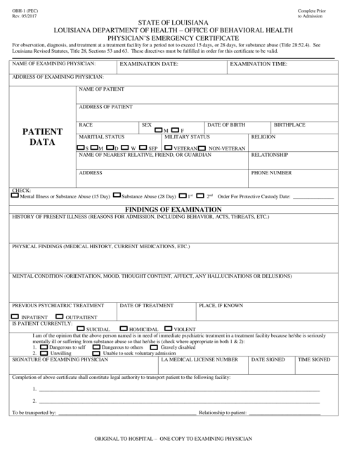 Form OBH-1 Physician's Emergency Certificate - Louisiana