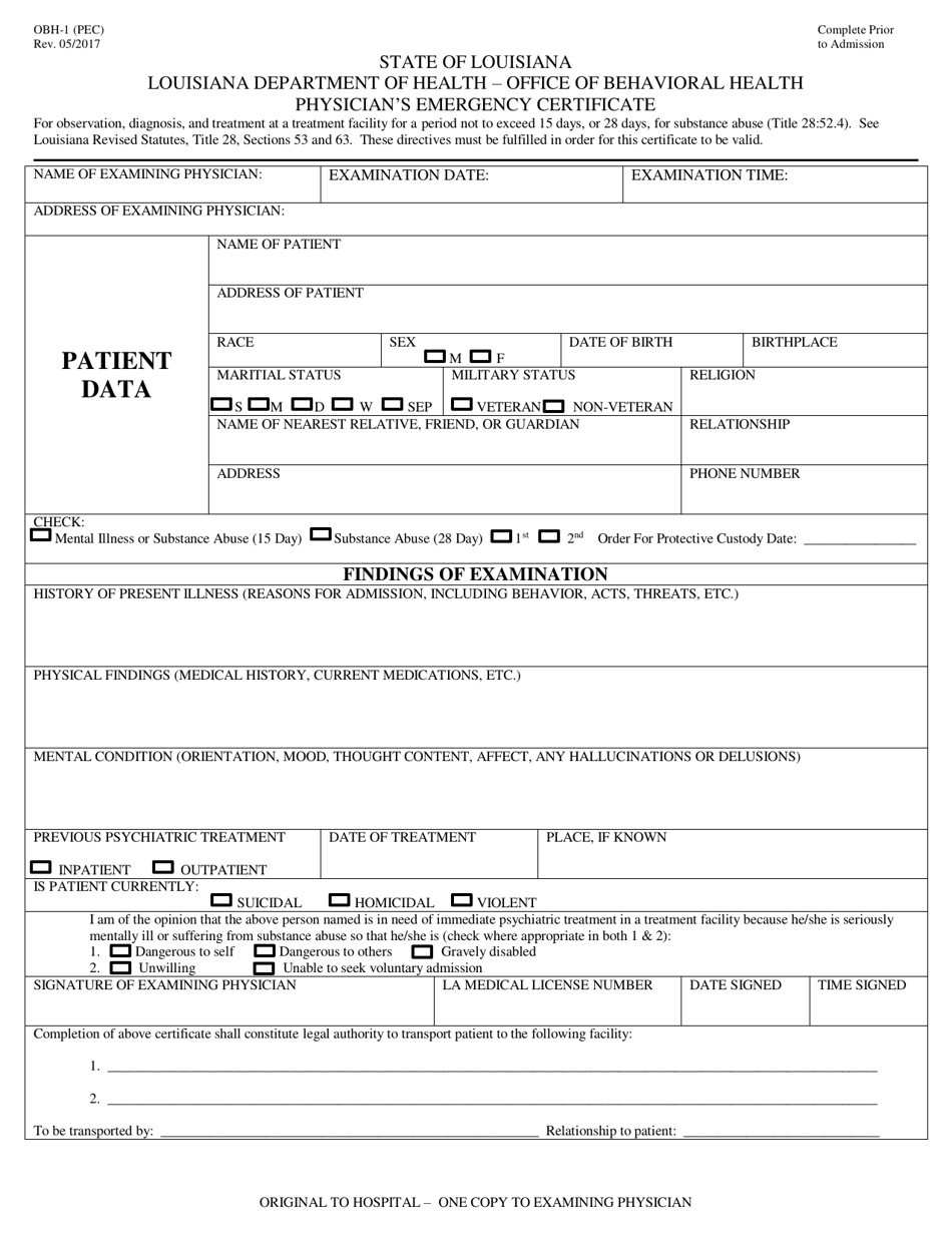 Form OBH-1 Physicians Emergency Certificate - Louisiana, Page 1