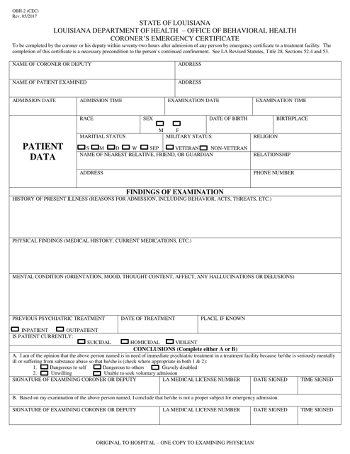Form OBH-2 Coroner's Emergency Certificate - Louisiana