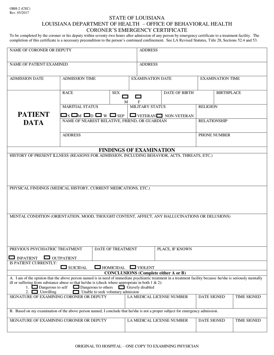 Form OBH-2 Coroners Emergency Certificate - Louisiana, Page 1