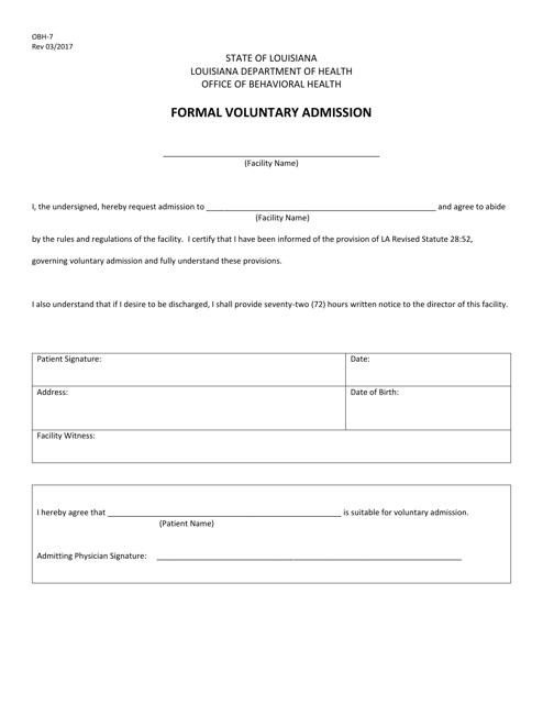 Form OBH-7 Formal Voluntary Admission - Louisiana
