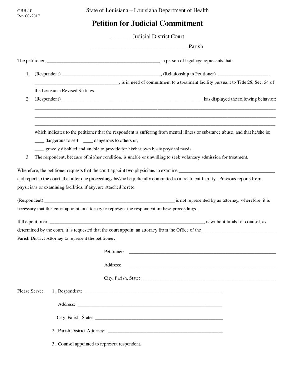 Form OBH-10 Petition for Judicial Commitment - Louisiana, Page 1