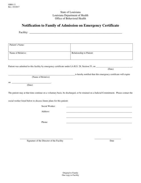Form OBH-13 Notification to Family of Admission on Emergency Certificate - Louisiana