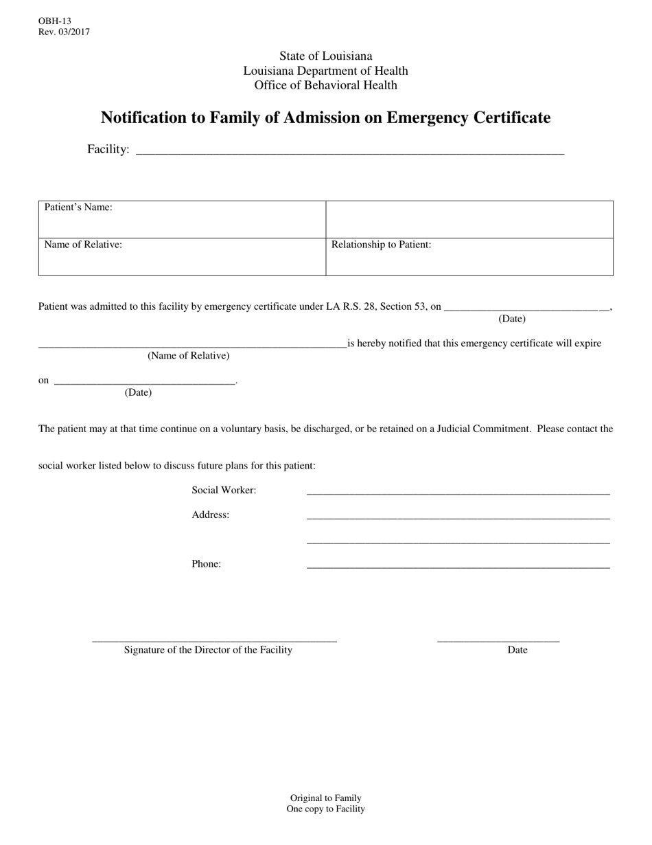Form OBH-13 Notification to Family of Admission on Emergency Certificate - Louisiana, Page 1