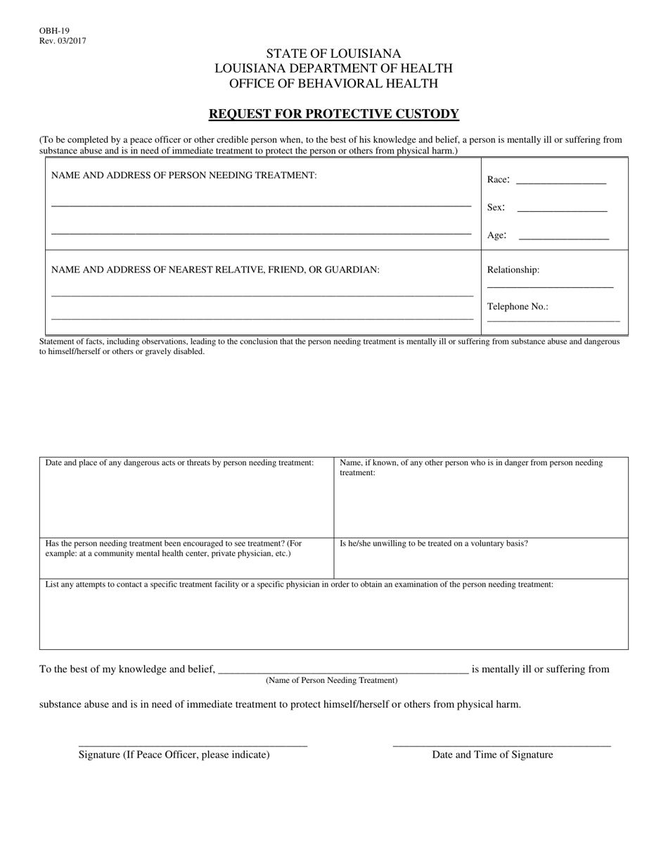 Form OBH-19 Request for Protective Custody - Louisiana, Page 1