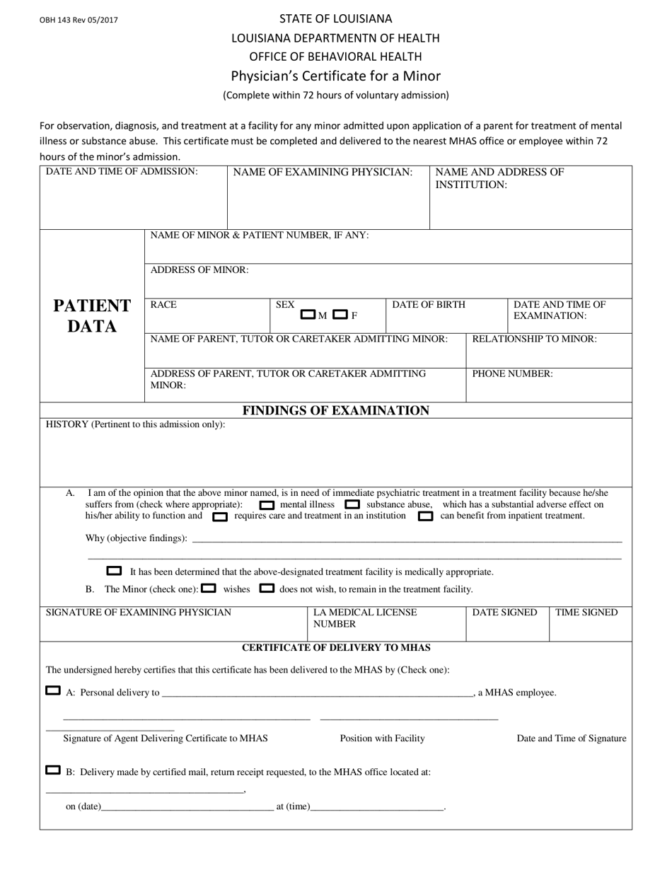 Form OBH-143 Physicians Certificate for a Minor - Louisiana, Page 1
