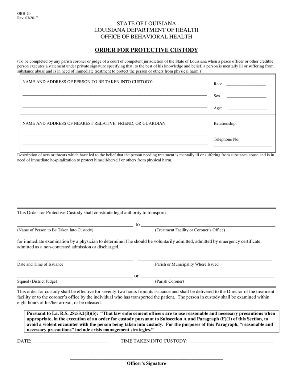 Form OBH-20 Order for Protective Custody - Louisiana, Page 1
