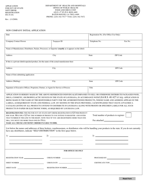 Form FD-35 (N) Application for Out-of-State Soft Drink Registration - Louisiana