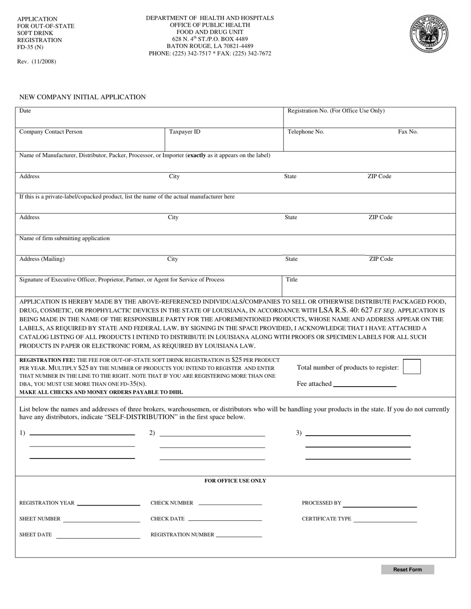 Form FD-35 (N) Application for Out-of-State Soft Drink Registration - Louisiana, Page 1