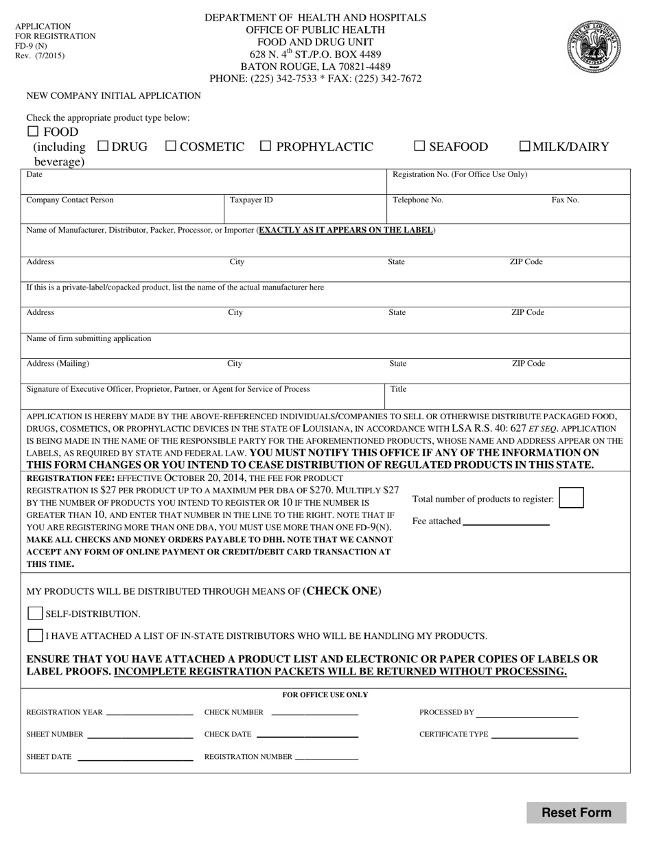 Form FD-9 (N) Application for a New Product Registration Form - Louisiana, Page 1