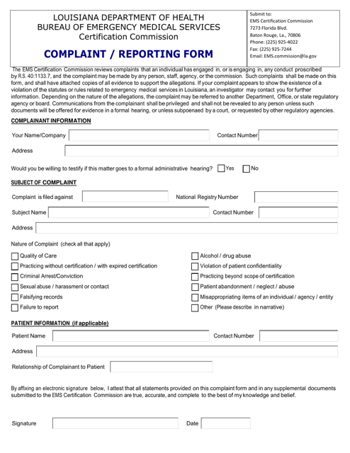 Emscc Complaint / Reporting Form - Louisiana Download Pdf