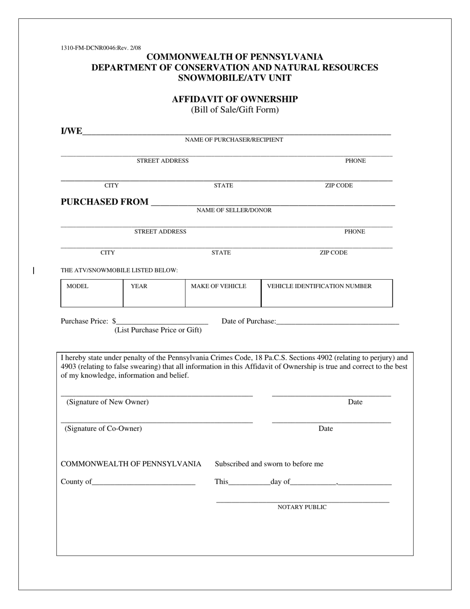 Form 1310-FM-DCNR0046 Affidavit of Ownership (Bill of Sale / Gift Form) - Pennsylvania, Page 1