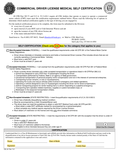 Form CDL42 Commercial Driver License Medical Self Certification - Utah