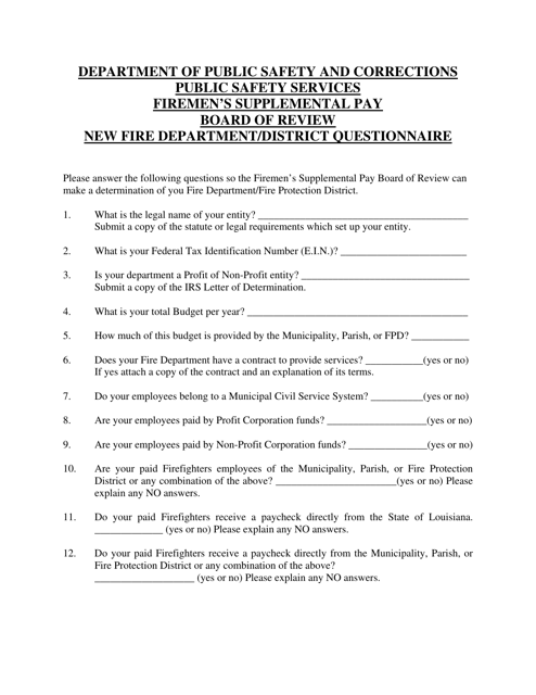 New Fire Department / District Questionnaire - Louisiana Download Pdf