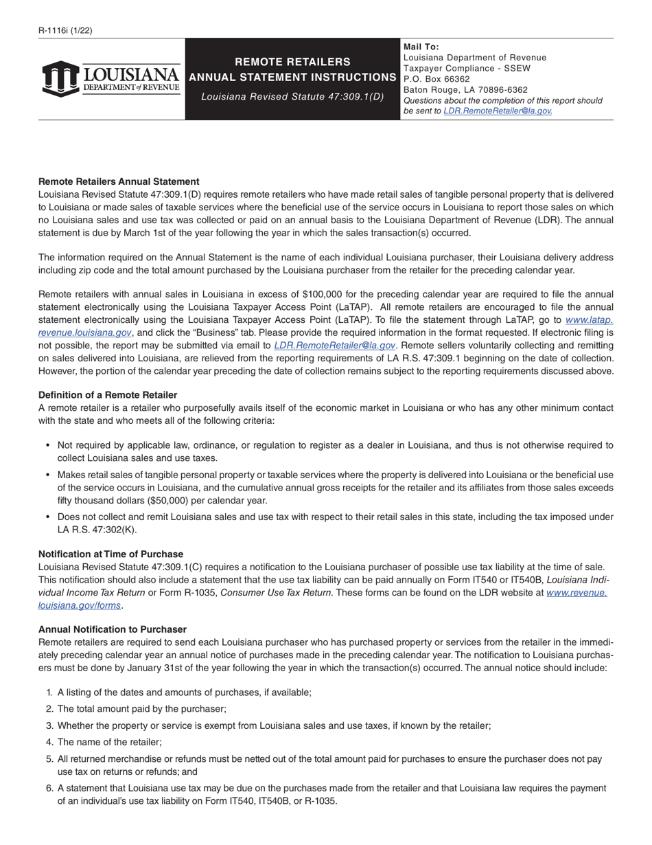 Form R-1116 Remote Retailers Annual Statement - Louisiana, Page 2