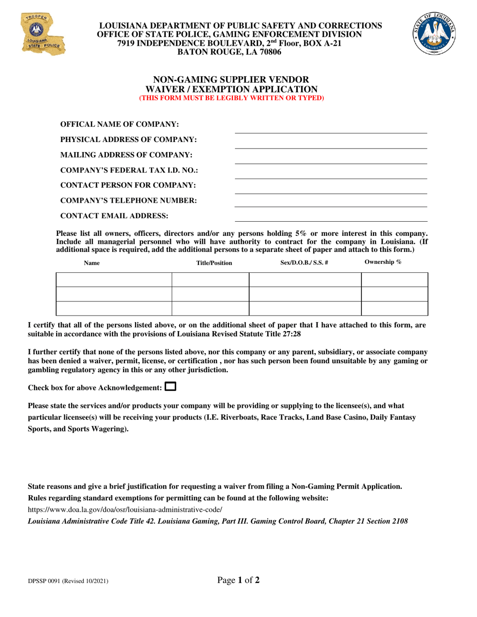 Form DPSSP0091 Non-gaming Supplier Vendor Waiver / Exemption Application - Louisiana, Page 1
