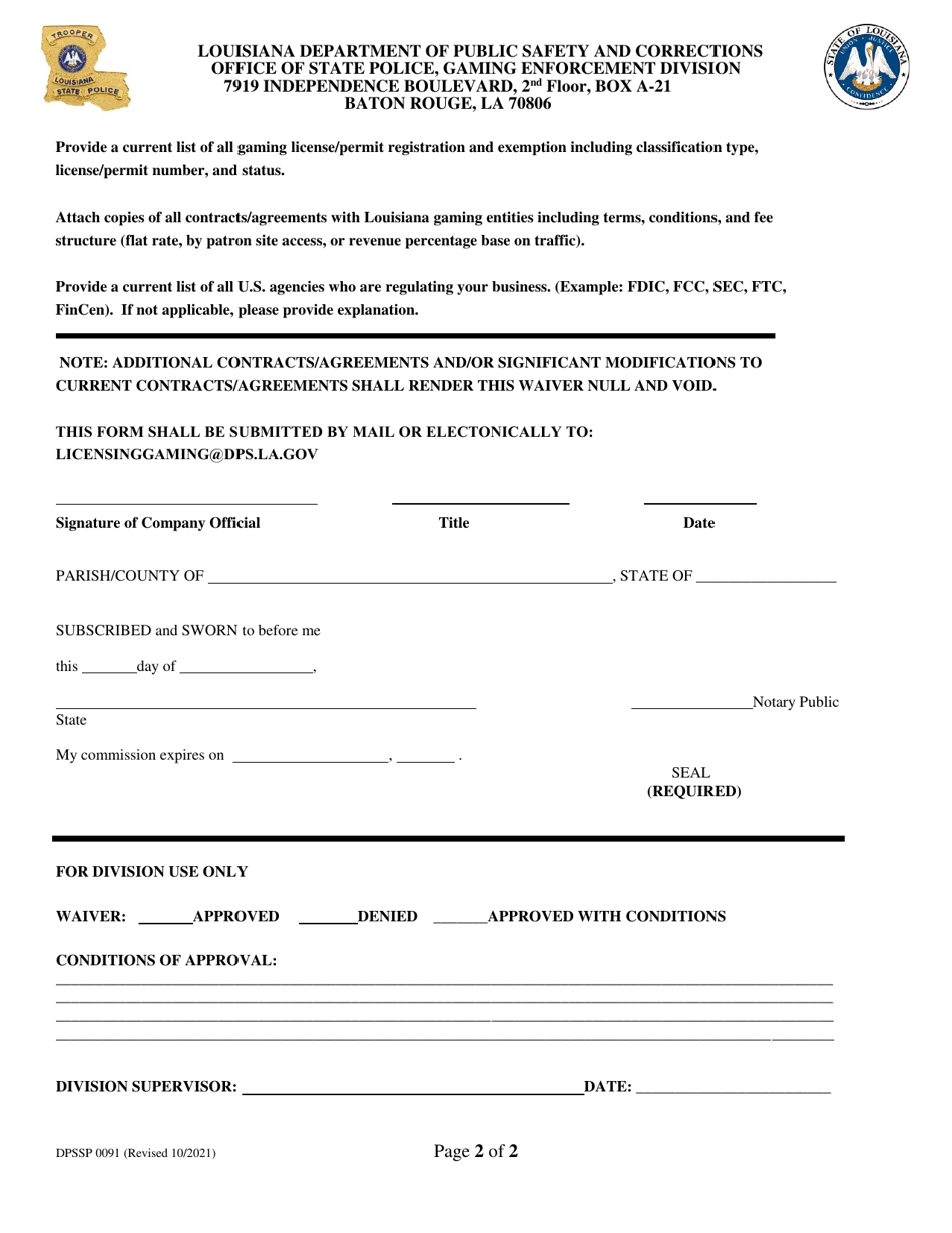 Form DPSSP0091 Non-gaming Supplier Vendor Waiver / Exemption Application - Louisiana, Page 2