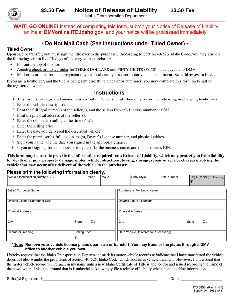 Form ITD3858 Notice of Release of Liability - Idaho, Page 1