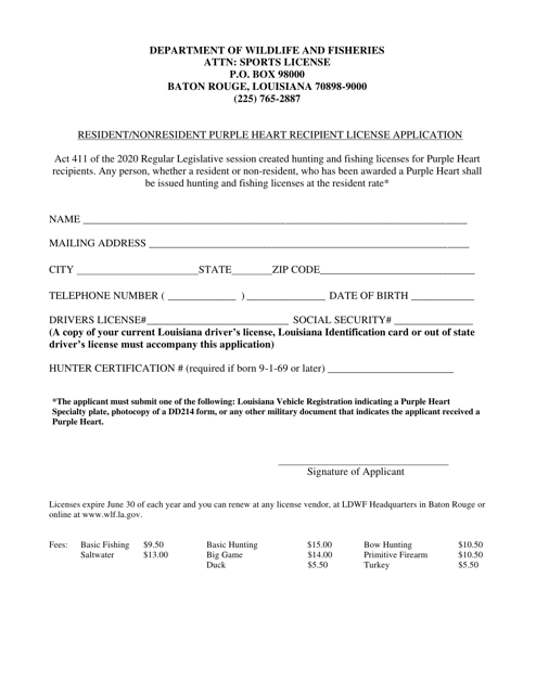 Resident/Nonresident Purple Heart Recipient License Application - Louisiana