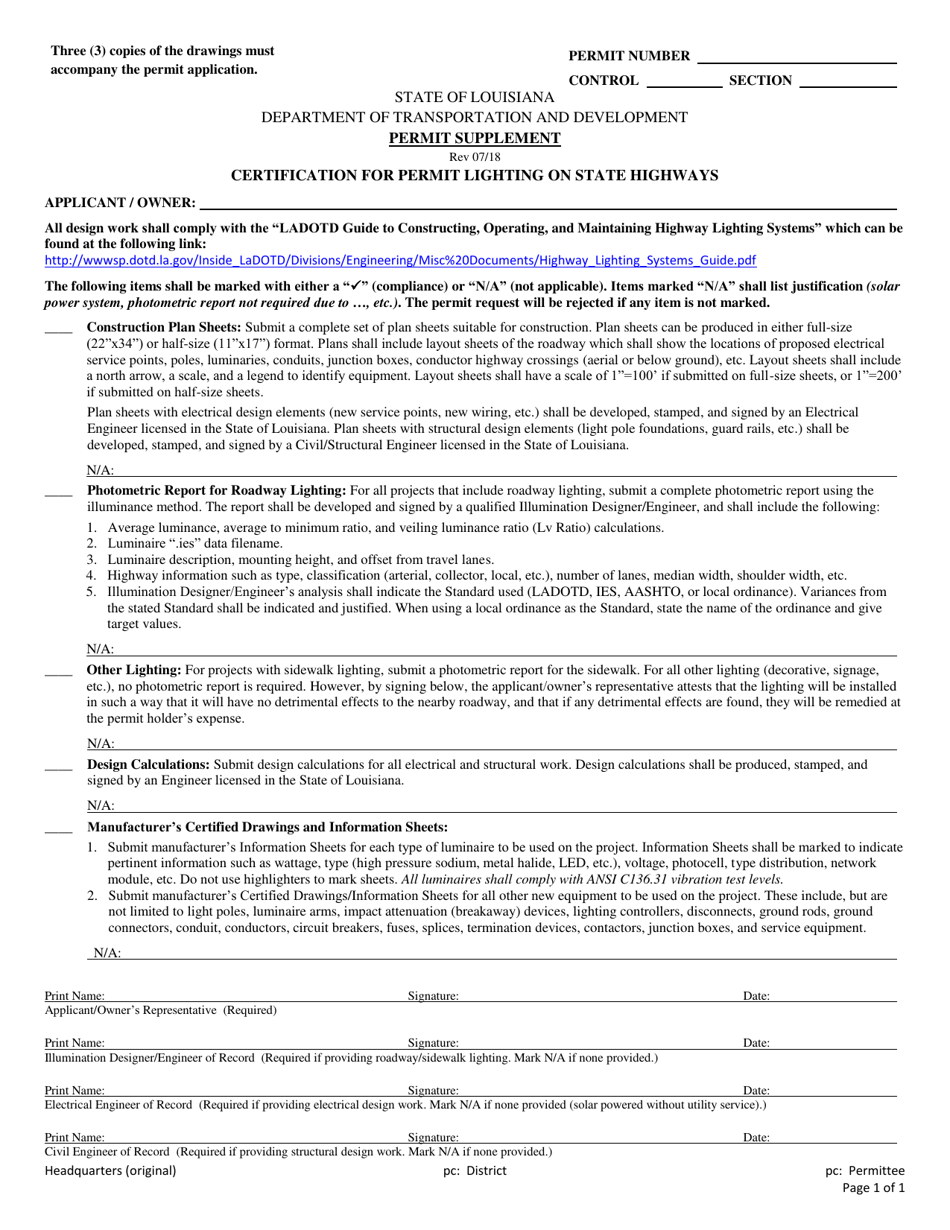 Certification for Permit Lighting on State Highways - Permit Supplement - Louisiana, Page 1