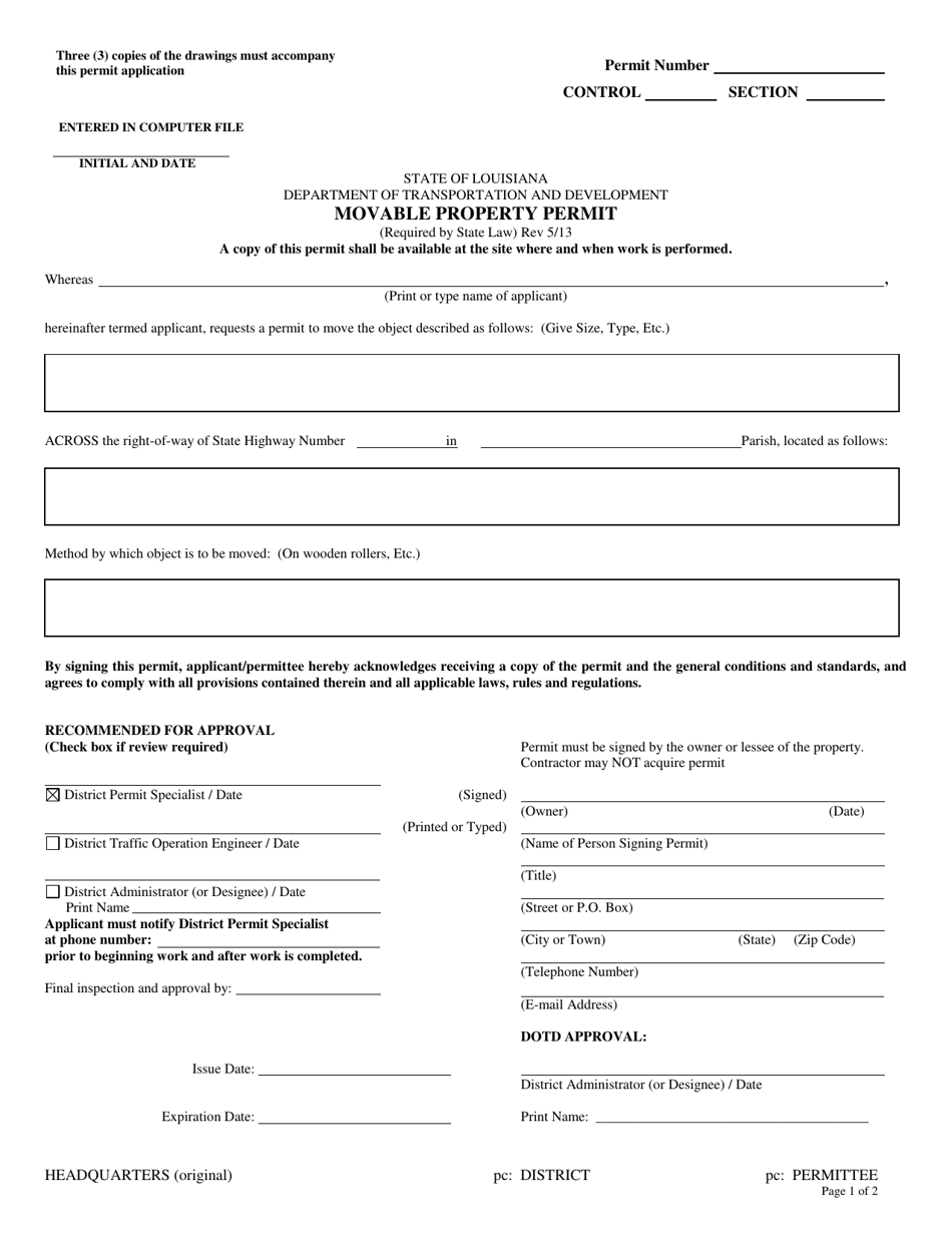 Movable Property Permit - Louisiana, Page 1