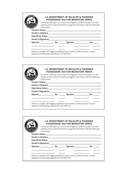 Document preview: Possession Tag for Migratory Birds - Louisiana