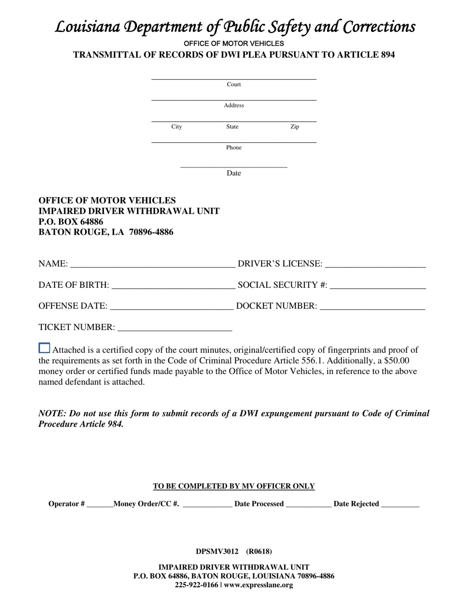 Form DPSMV3012 Transmittal of Records of Dwi Plea Pursuant to Article 894 - Louisiana, Page 1