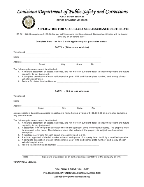 Form DPSMV3026 Application for a Louisiana Self-insurance Certificate - Louisiana